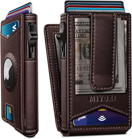 Airtag Wallet for Men,with Money Clip Gift Boxed,Slim Front Pocket Wallet RFID Blocking Metal Case Smart Pop-up Credit Card Holder in Magnetic Leather Flip