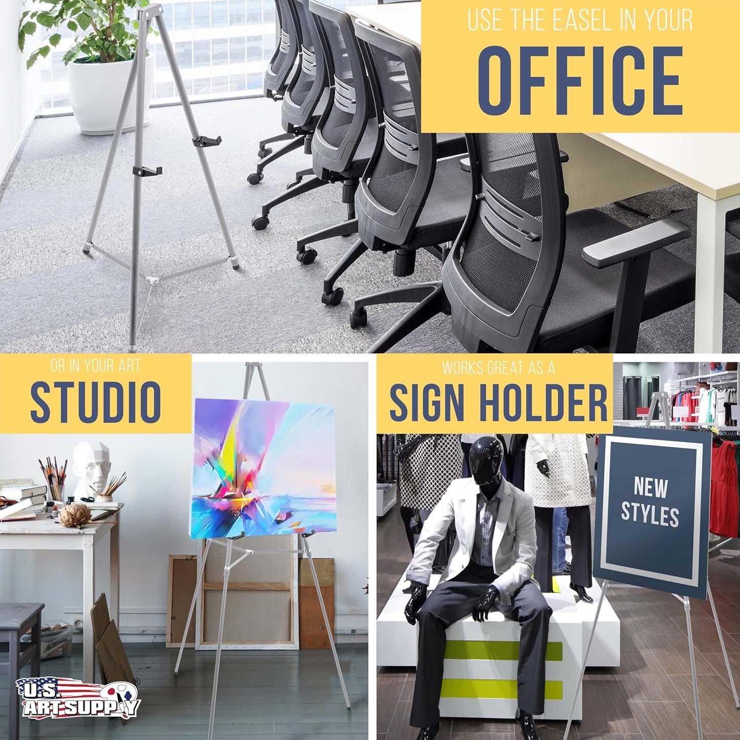 U.S. Art Supply 66" High Gallery Silver Aluminum Display Easel and Presentation Stand (Pack of 4) - Large Adjustable Height Portable Floor and Tabletop Tripod, Holds 25 lbs, Paintings, Signs, Posters