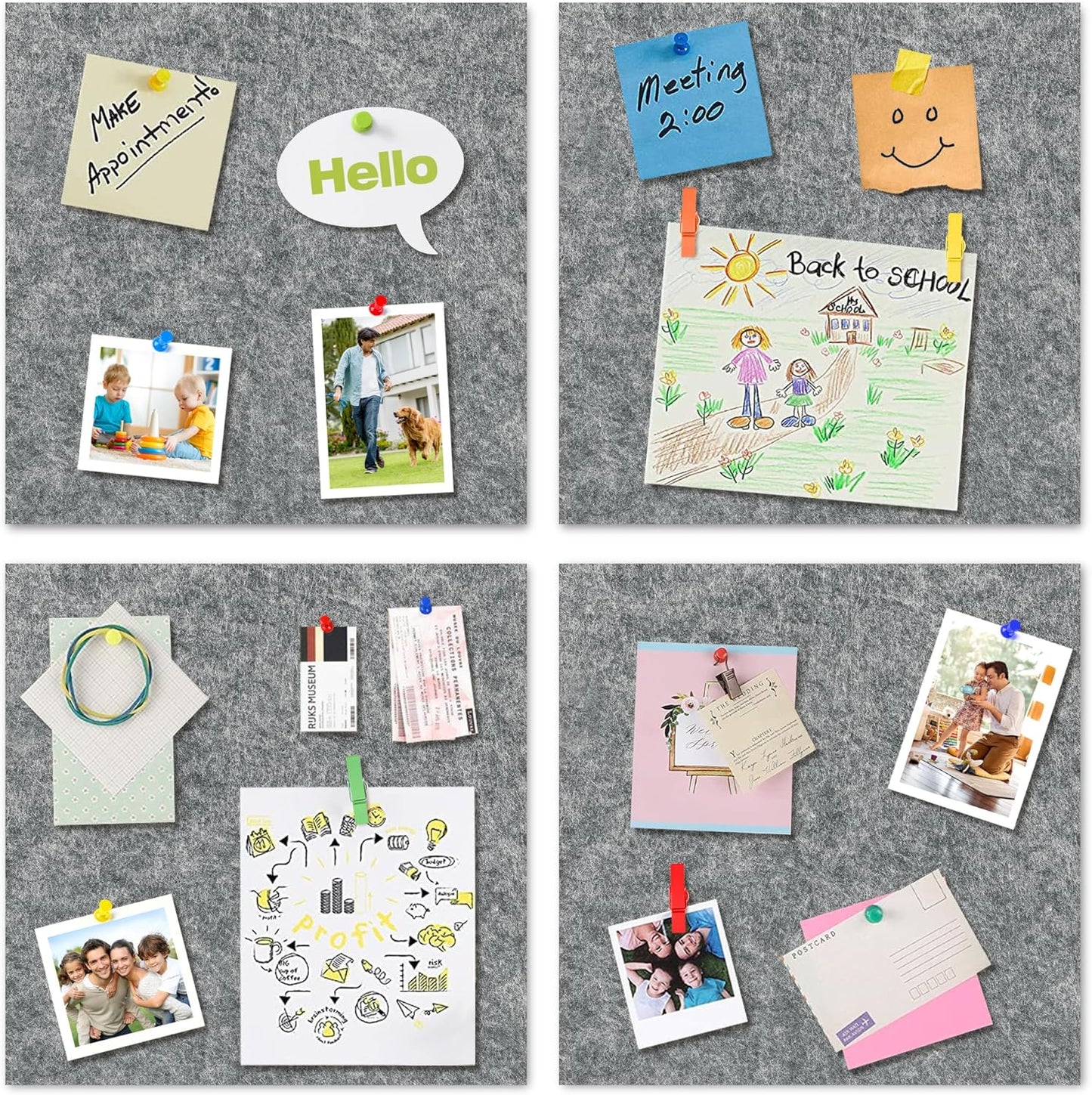 AKTOP Cork Bulletin Board 12x12, 1/2" Thick Felt Cork Board Tiles 9 Pack, Small Square Pin Board for Wall, Self Adhesive Corkboards with 120 Push Pin Wood Clips for School, Home & Office, Grey