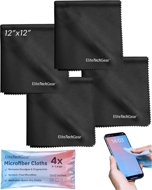 Elite Tech Gear Microfiber Cleaning Cloth for Glasses- 4-Pack, 12" x 12"- Durable Oversized Glasses Cleaning Cloth- Eyeglass Cleaning Wipes for Lenses, Electronics- High Tech Quality Material (Black)