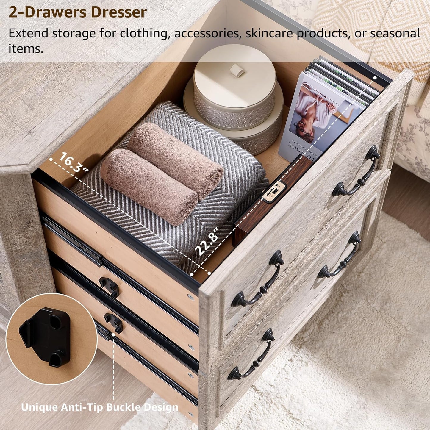 T4TREAM 2 Drawer File Cabinet Set of 2, 30" Wide Wooden Extended Desktop, Farmhouse Filing Cabinet with Smooth Rails, Holds Letter/Legal/A4, Hexagonal Design & Framed Drawer Fronts, Light Rustic Oak