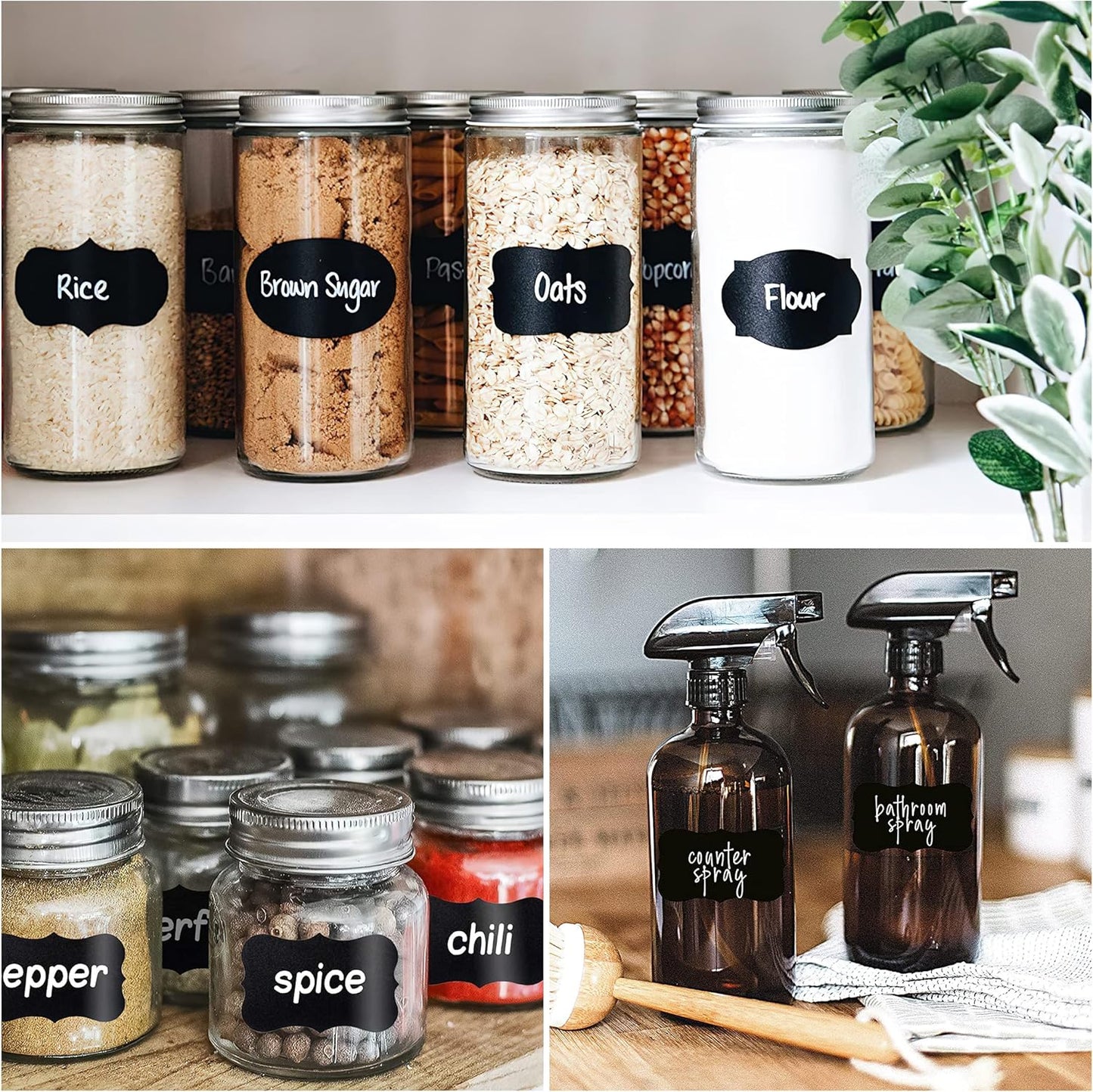 MUWOOB Chalkboard Labels, 120 Pcs Black Reusable Waterproof Labels Stickers with 2 White Chalk Markers, Kitchen Pantry Sticker Labels for Containers, Mason Jars, Condiments, Food Storage (Strange)