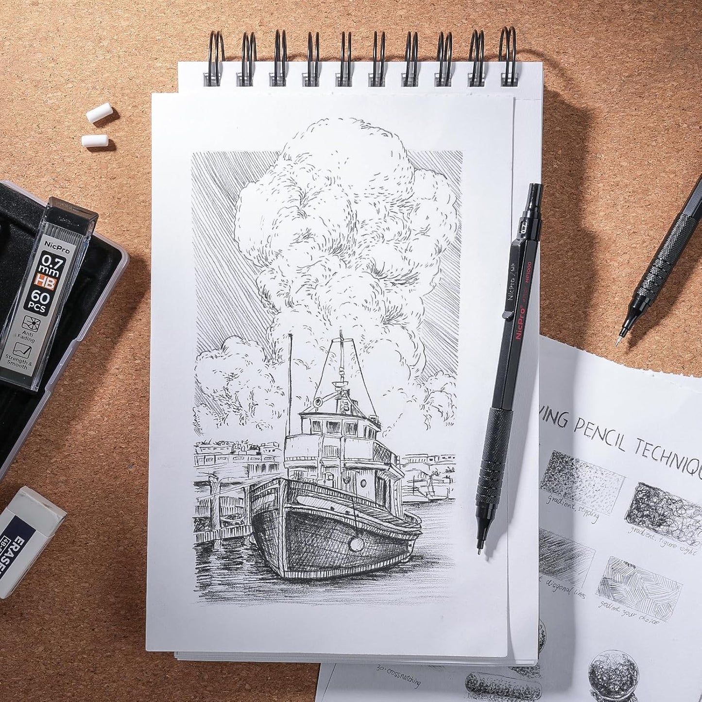 Nicpro 2 PCS Mechanical Pencil 0.5mm & 0.7 mm with Case, MP1000 Metal Artist Pencil Set with 4 Tubes HB Lead Refills, 2 Erasers, 9 Eraser Refills For Art Writing Drafting, Drawing, Sketch, Black