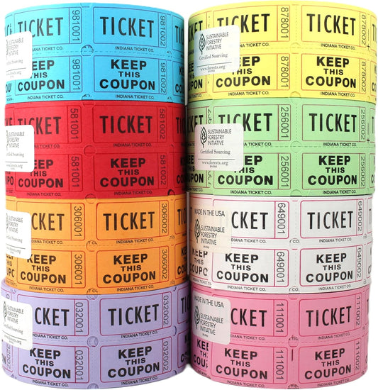 INDIANA TICKET CO. Double Roll Raffle Tickets, 8 Rolls of 1,000, 1 Roll Each Red, Blue, Orange, Purple, Green, White, Pink & Yellow, Tickets Events, Class Rewards, Fundraiser & Prizes(Pack of 8)