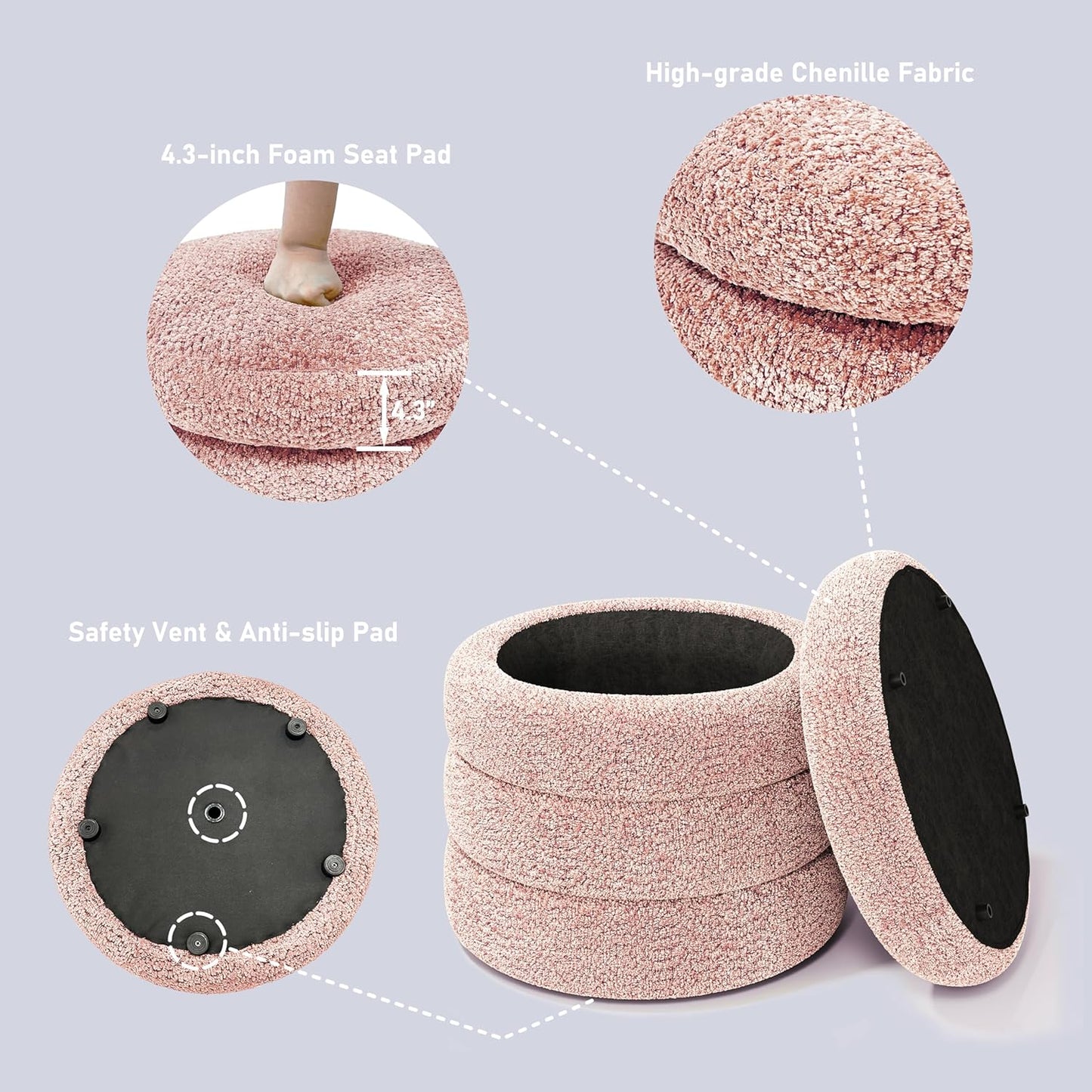 Storage Ottoman, Round Ottoman with Storage, Vanity Stool Foot Rest with Removable Lid, Round Boucle Upholstered for Living Room Pouf Footstool (Pink)