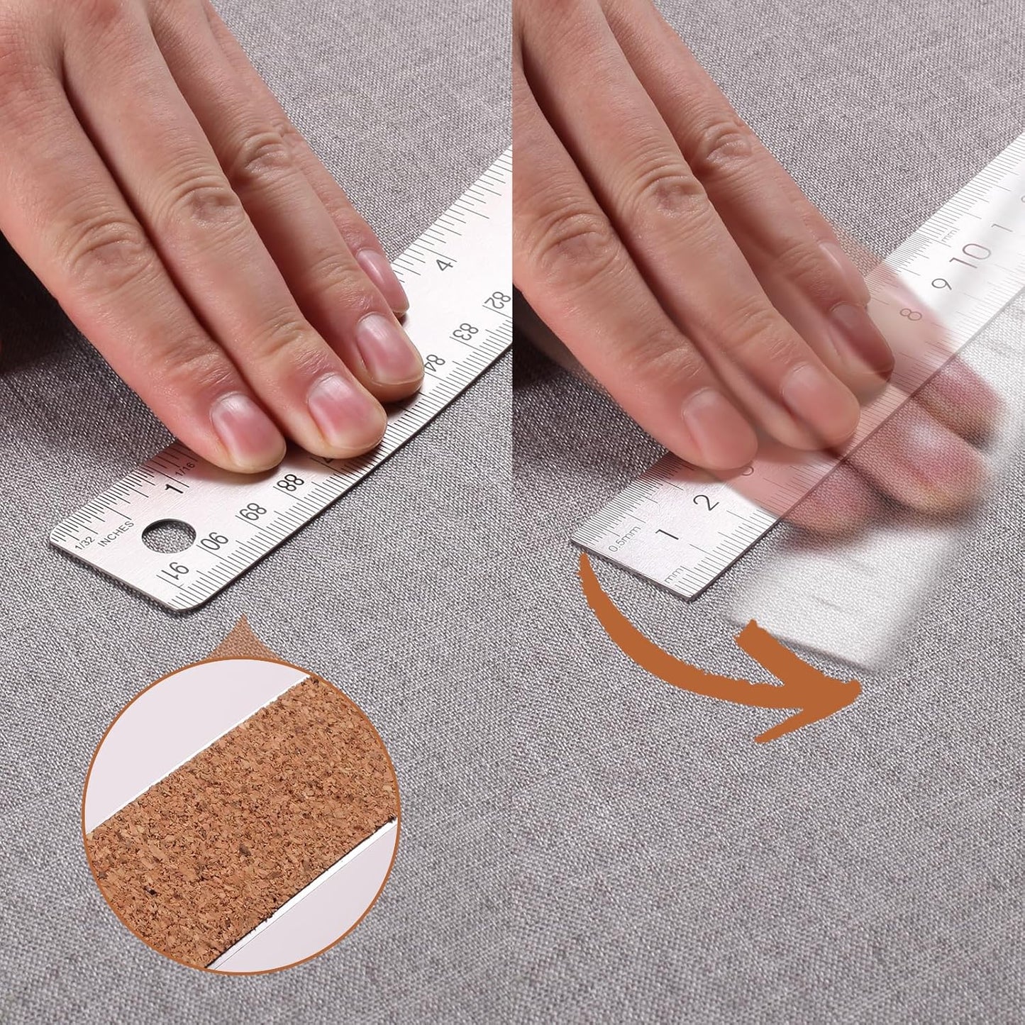 2PCS 36 Inch Metal Ruler, Stainless Steel Straight Edge Ruler with Cork Backing, Non-Slip Imperial & Metric Measuring Tool for School, Office, Woodworking, Drafting