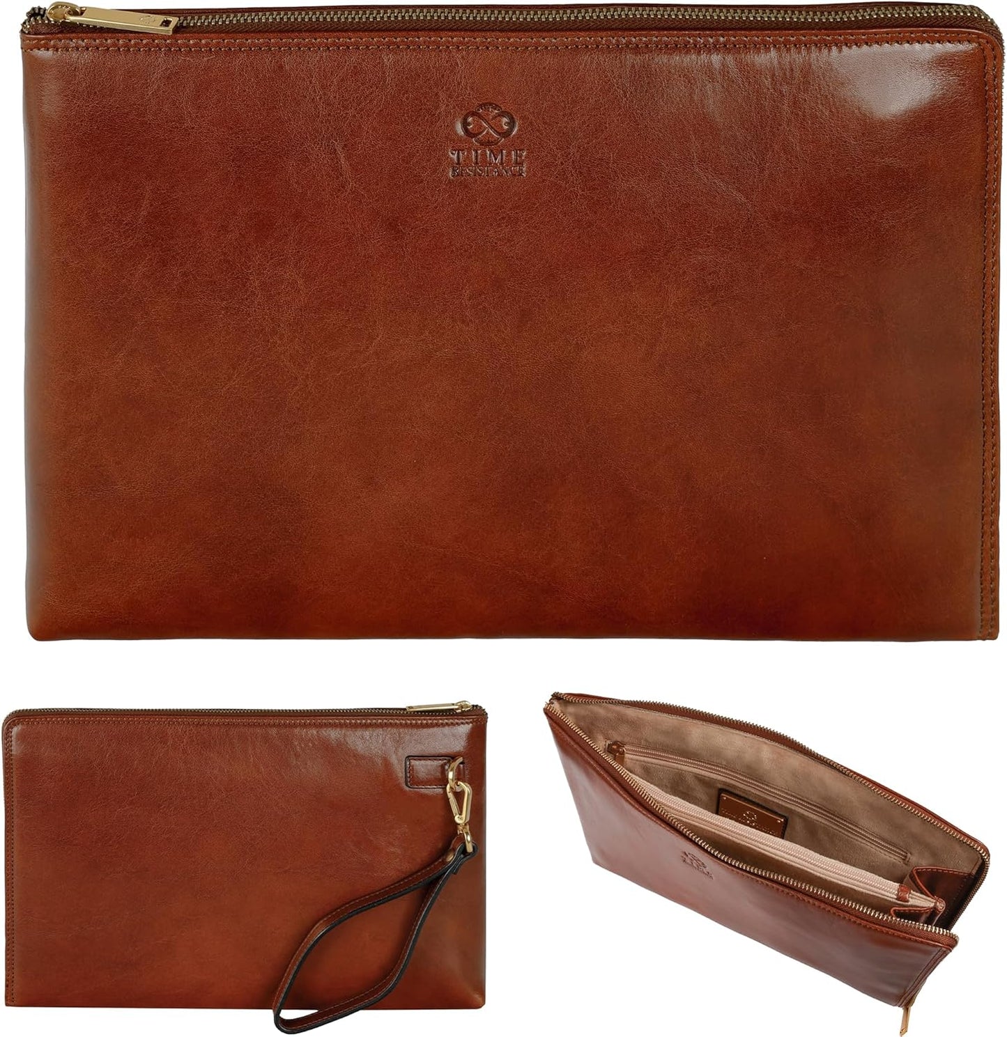 Time Resistance Leather Clutch for Men Organizer Wrist Bag Briefcase Handmade in Italy