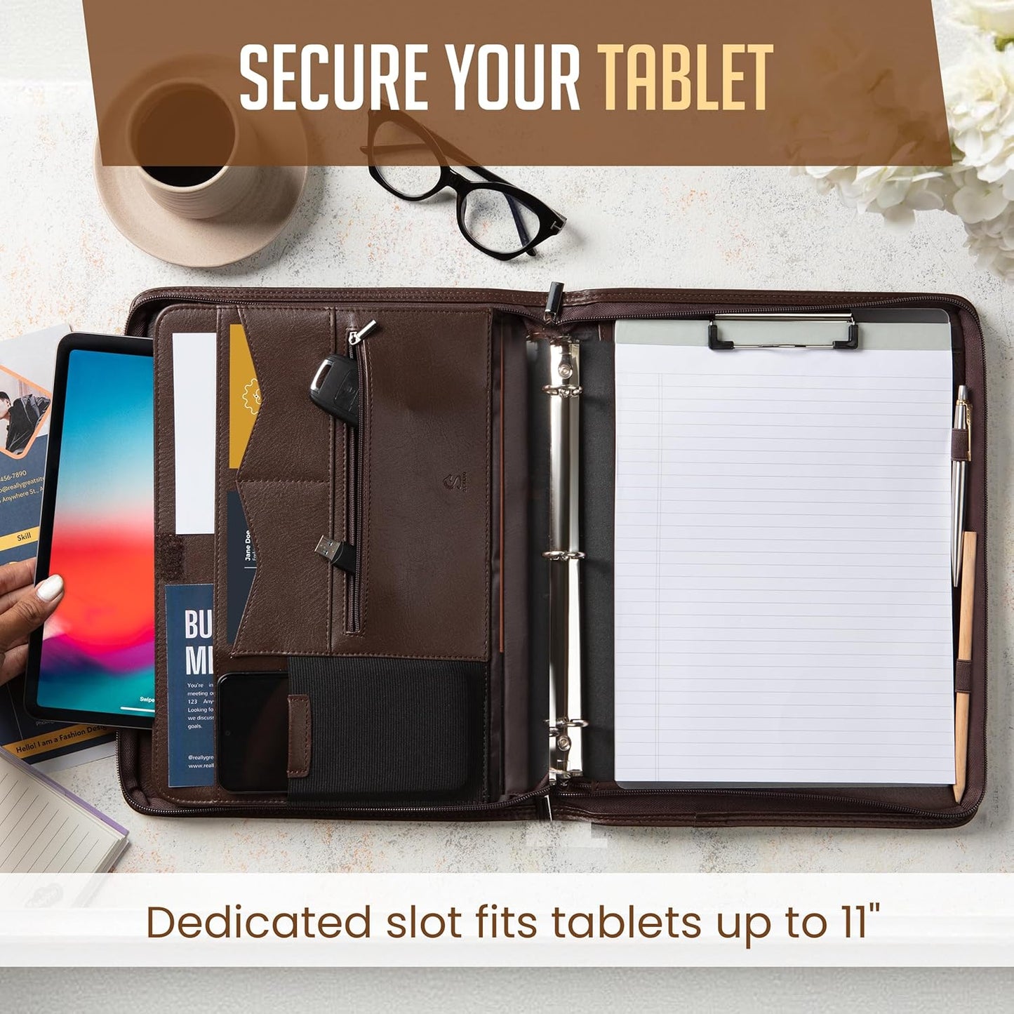 STYLIO Zipper Portfolio | Padfolio 3 Ring Binder and Clipboard Folio (Removable) | Portfolio Organizer for Documents, Tablet, Phone |Faux Leather Binder for Men and Women | Walnut (Brown) Color