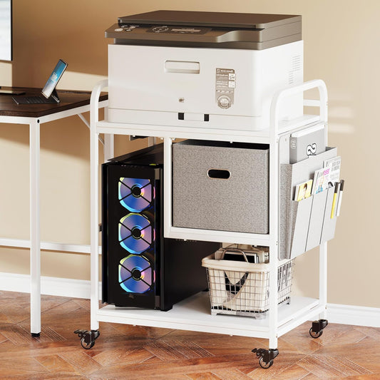 3 Tier Heavy Duty Printer Stand with Storage, Computer Tower Stand with Industrial Wheels & Drawer, Large Mobile Printer Table for Home Office Organization (Pearl White)