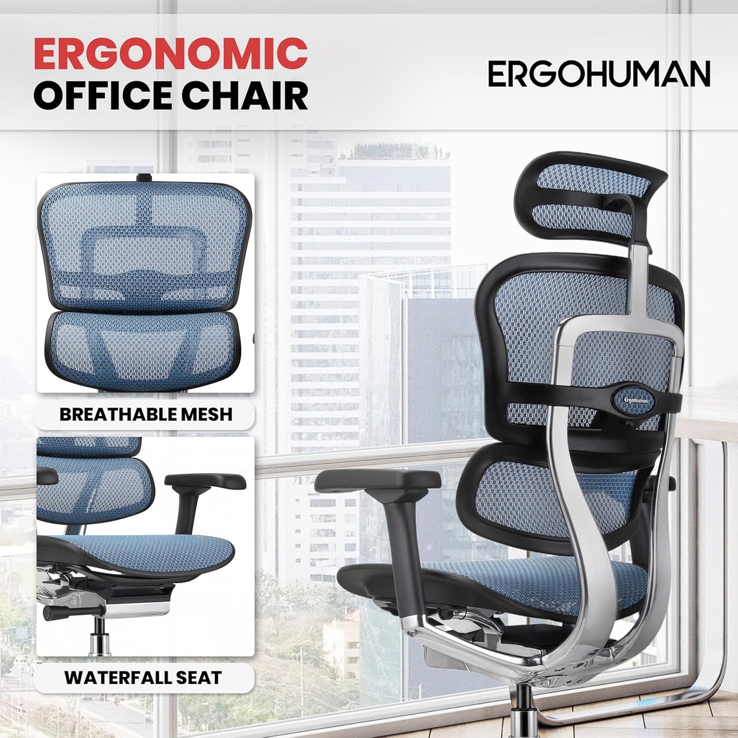 Ergohuman Eurotech ME7ERG GEN2 High Back Mesh Office Chair with Tilt Tension Control, Tilt Lock, Back Angle, Back Height, Synchro Tilt, Seat Height, Seat Depth, and Arm Height Adjustments, Blue