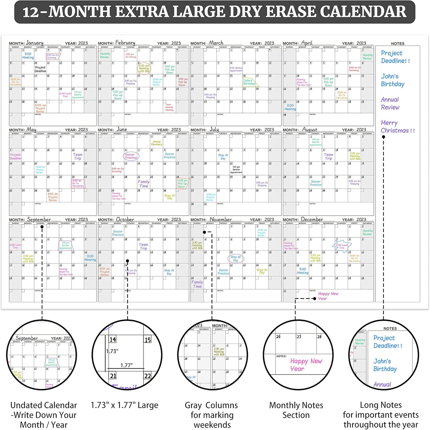 Large Dry Erase Calendar for Wall – Yearly Wall Calendar Dry Erase, 37" x 57.9", 12-Month Undated Blank Calendar Planner, Reusable Laminated Task Organizer, Great for Office, Classroom, Home