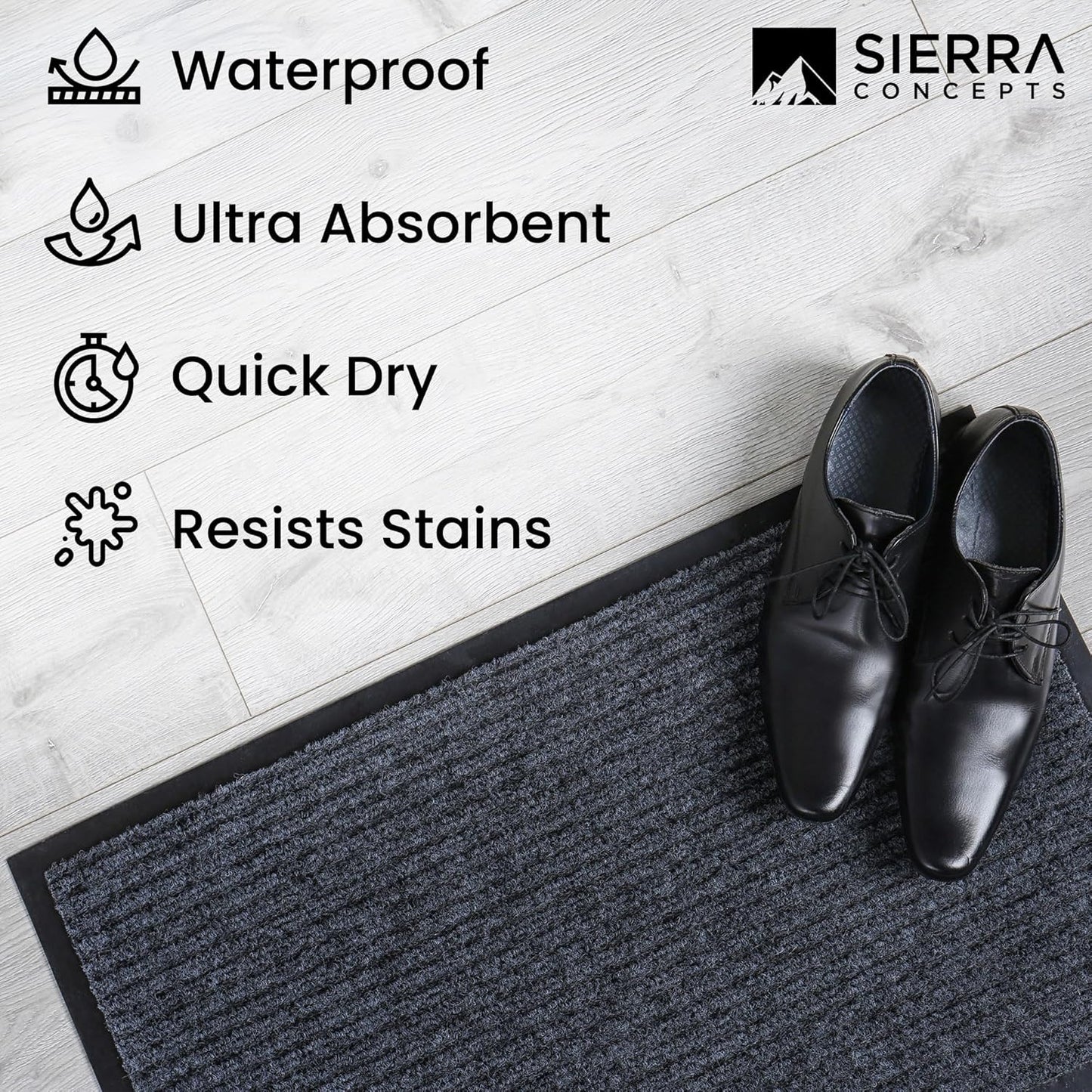 Sierra Concepts Front Door Mat Welcome Floor Mats - Entryway Indoor Outdoor Entrance Doormat, Patio, Porch, Muddy Shoe, Inside Outside Low Profile, 30x17 inches, 2-Pack Gray