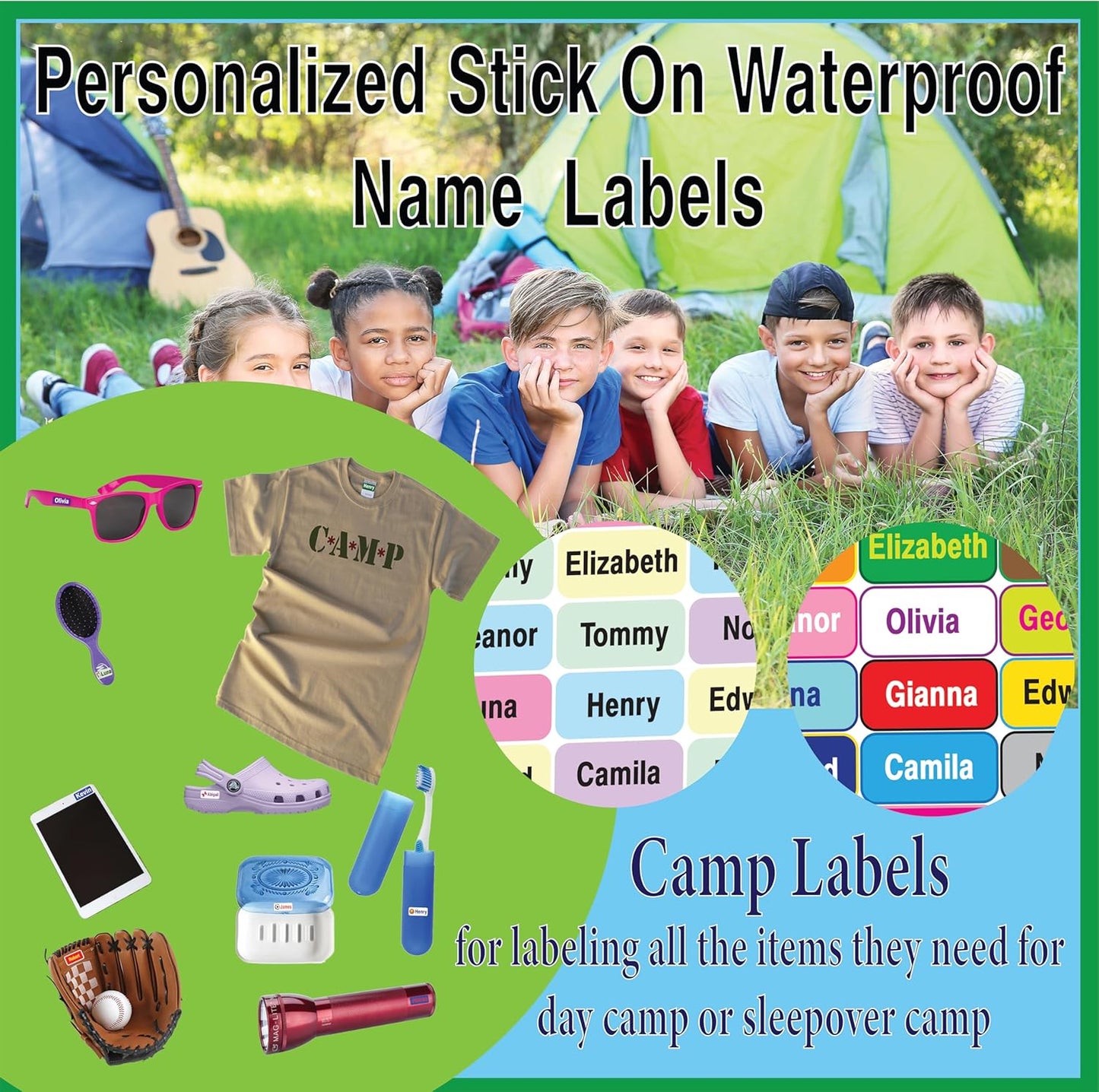 Personalized Waterproof Name Labels Press and Stick Custom Name Stick on Clothing Labels. Customized Up to 3 Lines Great for Camp & Daycare (Green Garden)