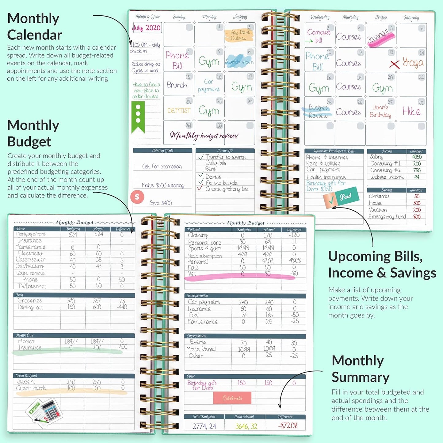 GoGirl Budget Planner & Monthly Bill Organizer – Monthly Financial Book with Pockets. Expense Tracker Notebook Journal, Compact (Mint Green)