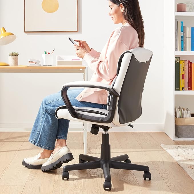 Amazon Basics Office Computer Task Desk Chair with Padded Armrests, Mid-Back, Adjustable, 360 Swivel, Rolling, 275 Pound Capacity, 24.2"D x 24"W x 38.6"H, BIFMA Certified, White Faux Leather