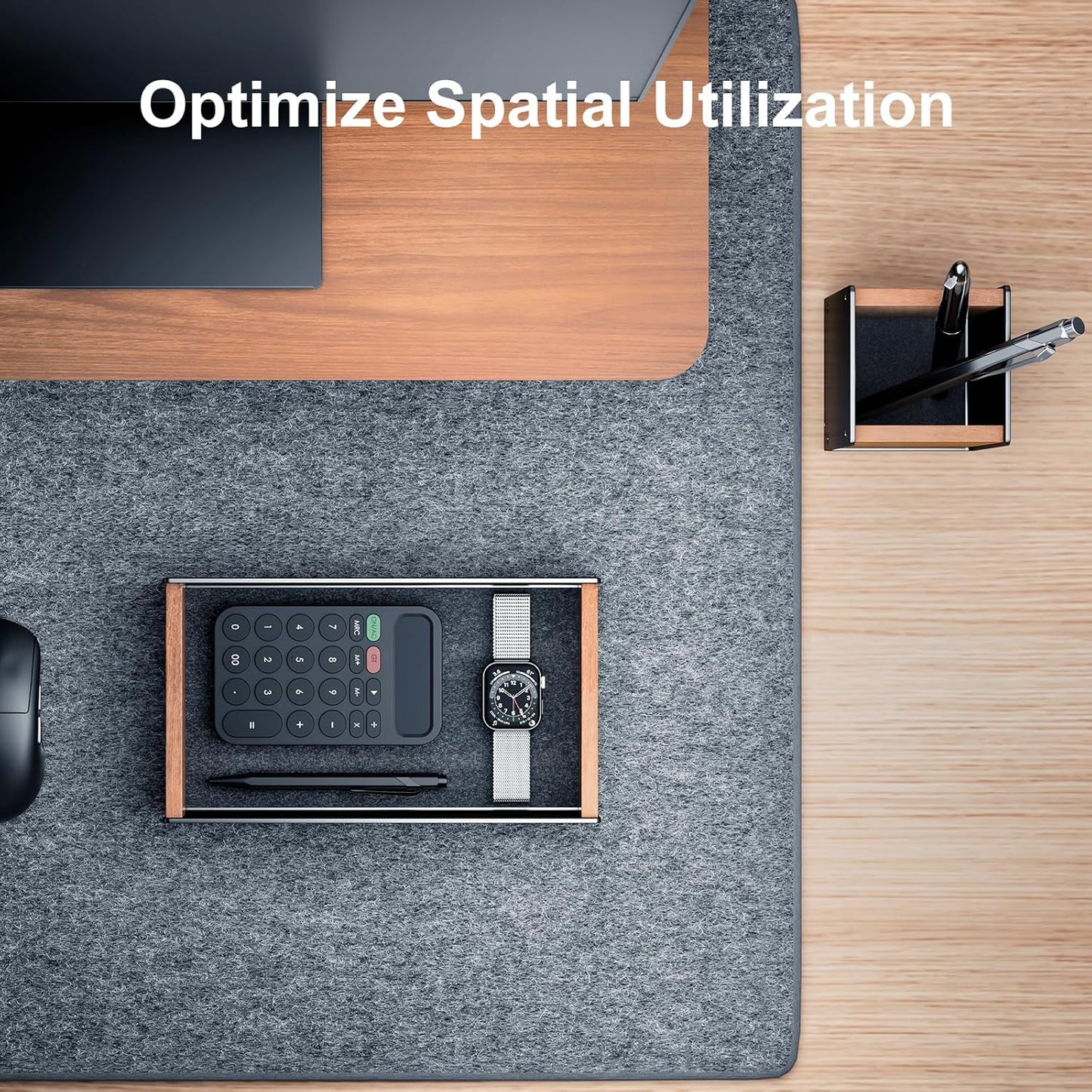 UPERGO Walnut Desk Tray with Pen Holder Set, Natural Wooden Desk Drawer Organizer Office, Organizer Tray for Keys, Pen, Watch