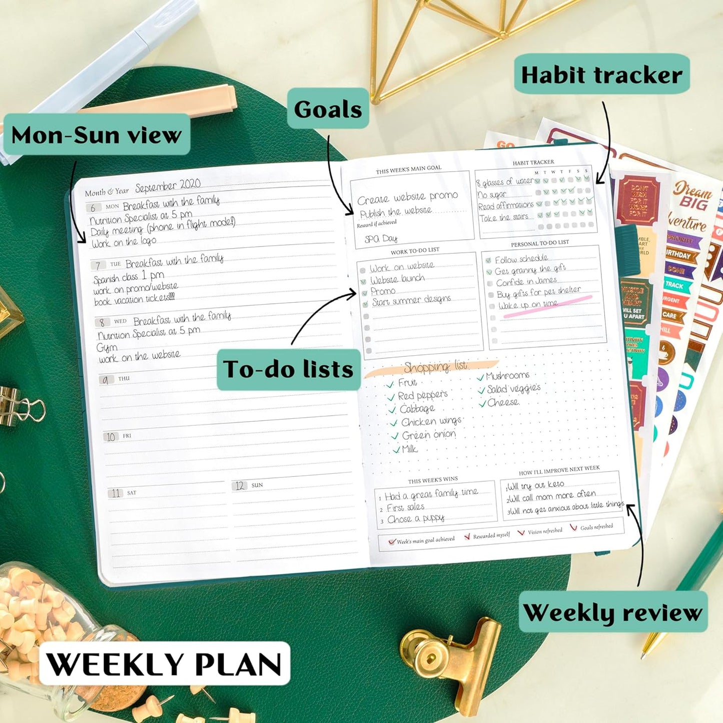 Legend Planner – Weekly & Monthly Life Planner to Hit Your Goals & Live Happier. Organizer Notebook & Productivity Journal. A5 (Viridian Green)