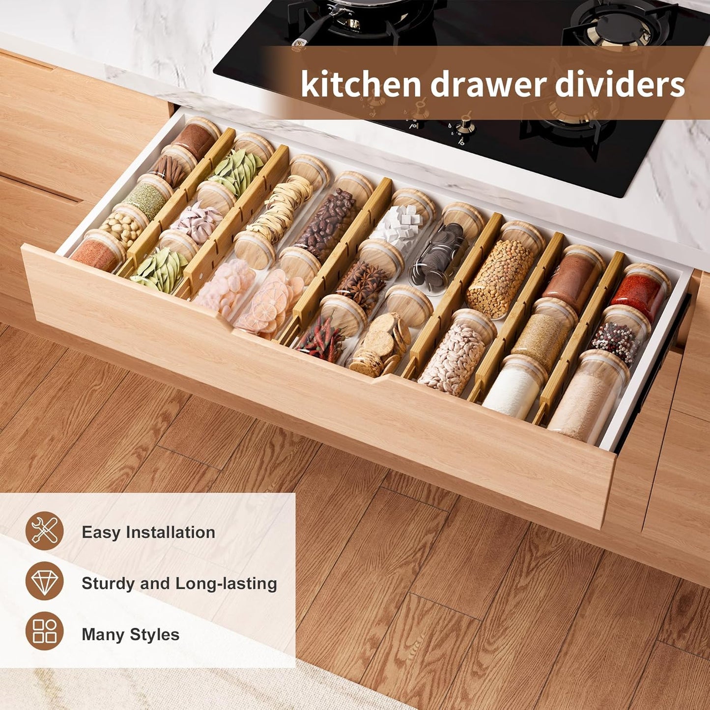 Bamboo Drawer Dividers with Inserts kitchen drawer organizer Adjustable Expandable 8 Pack Organizer Set for Kitchen Bedroom Bathroom Office 8 Dividers with 16 Inserts (Natural, Large (18-22.5IN))