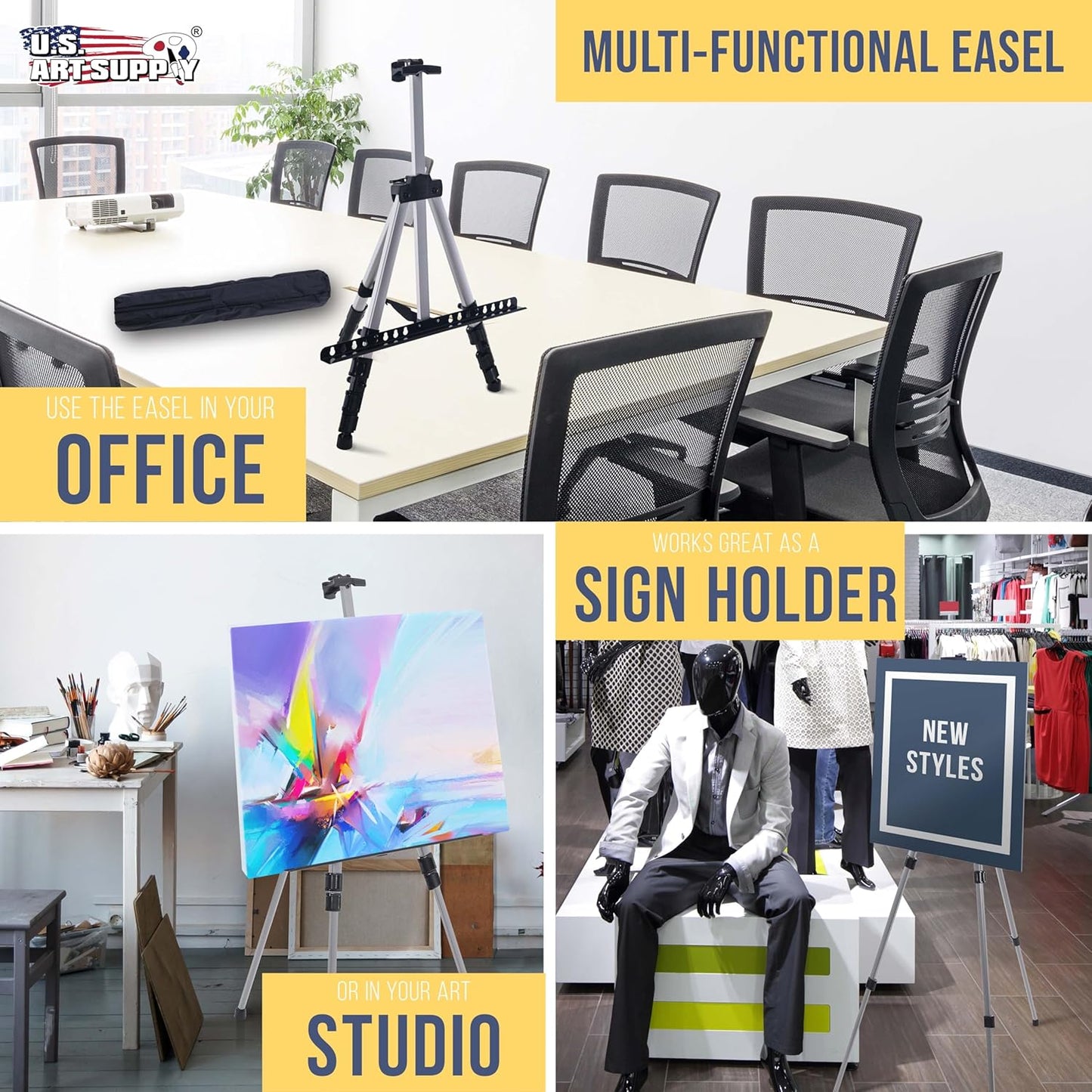 U.S. Art Supply 66" Silver Metal Tripod Easel Display (4 Pack) - Adjustable 18"- 5.5', Holds 36" Canvas - Floor/Tabletop Easel Stand, for Sign Display, Painting, Poster Board, Canvas - Portable Bag