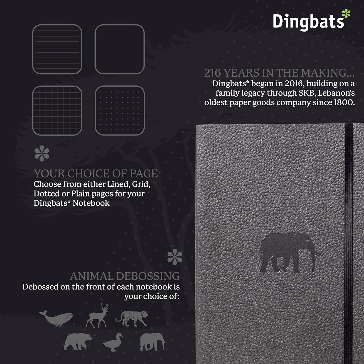 Dingbats* Wildlife Dotted Writing Journal Notebook A5 - Vegan Leather Softcover - Ideal for Work, Travel - Pocket, Elastic Closure, & Bookmark