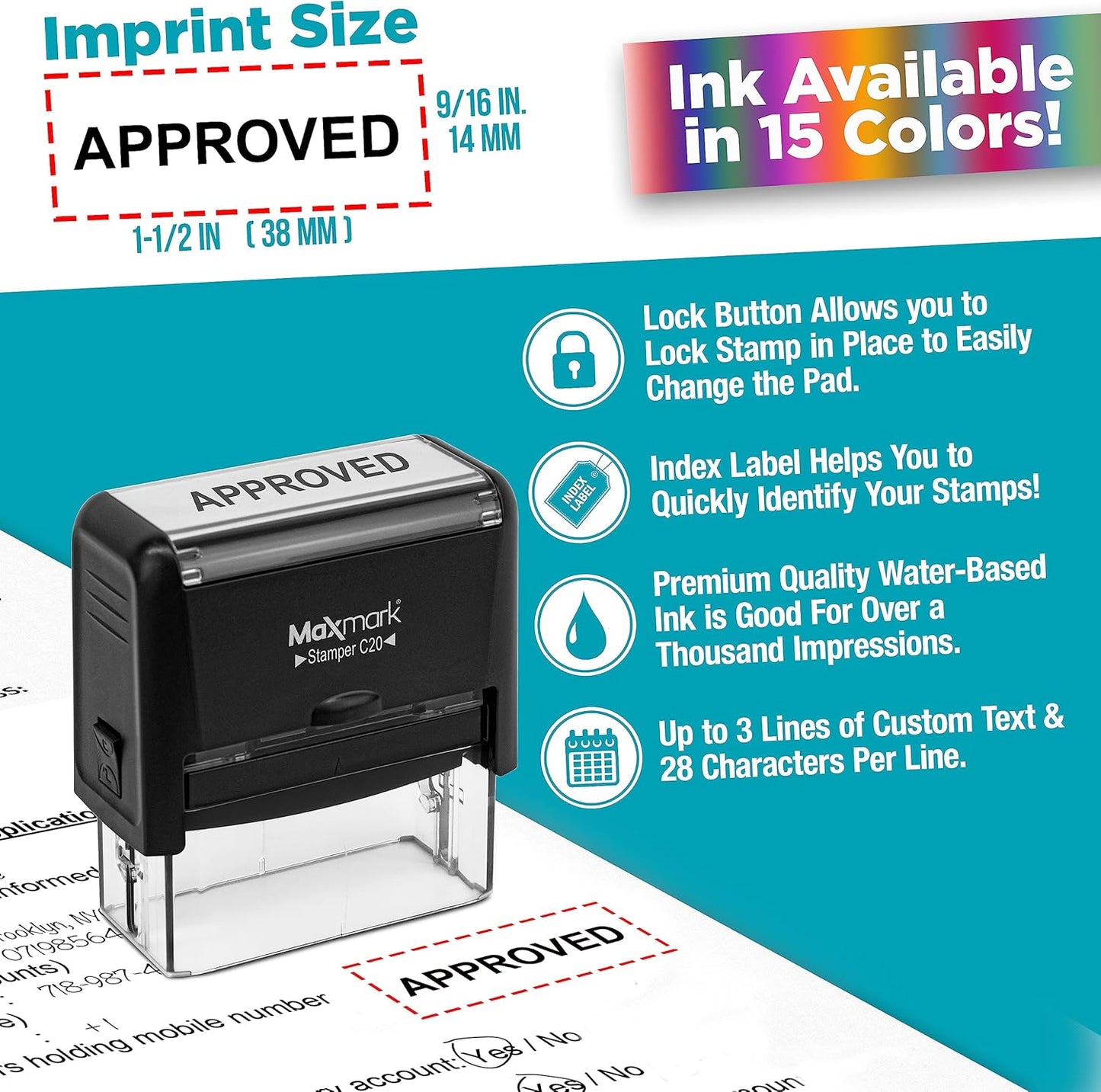 MaxMark Customized Self Inking Stamp - Up to 4 Lines of Text - Medium Size - Choose from 15 Ink Colors