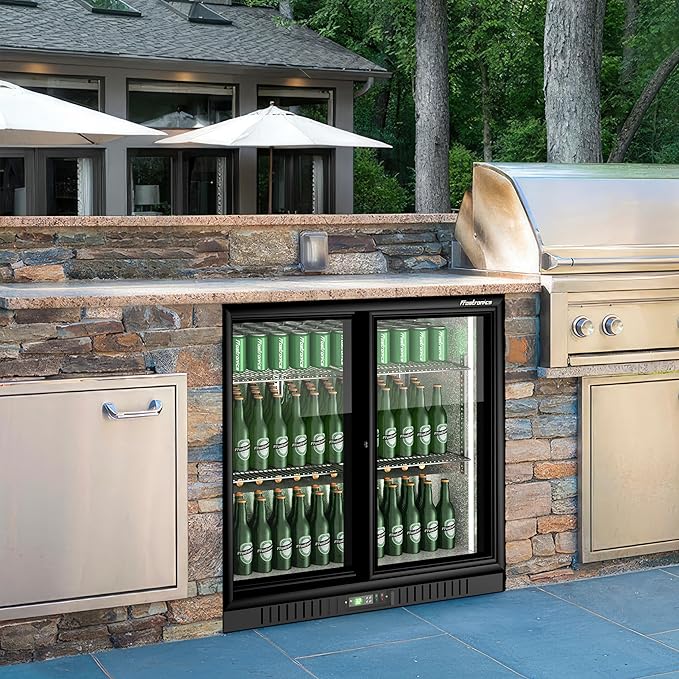 36 Inch 228 Cans Double Door Back Bar Beverage Cooler, 6.5 cu. ft. Under Counter Glass Bar Fridge With Sliding Door, Lockable, 32-50F Display Refrigerator, ETL & NSF7 Certified