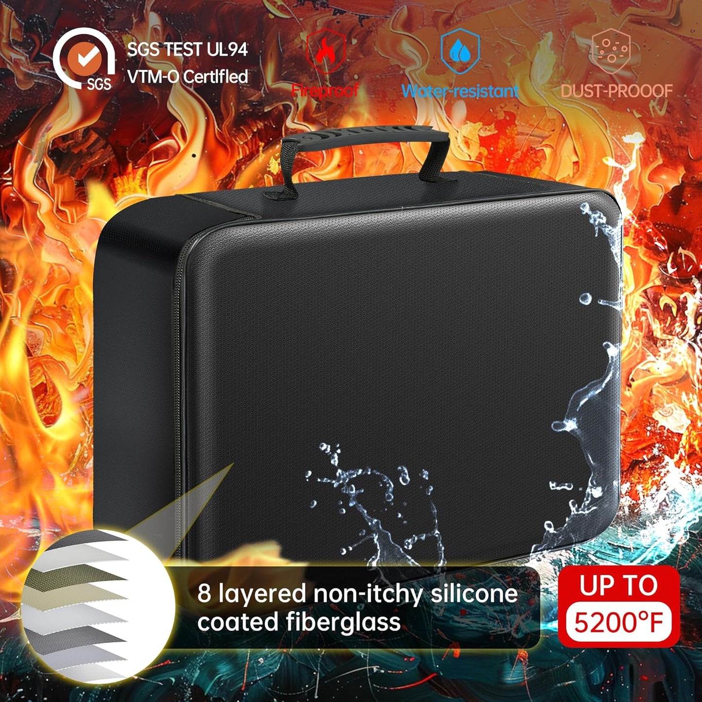 GIANTLUMl 5200°F Fireproof Document Box with Lock,Safe Fireproof Document Bag for Home&Office,Important Documents Organizer,Safety Storage Box Waterproof,8 Layers File Organizer,Portable Travel Safe