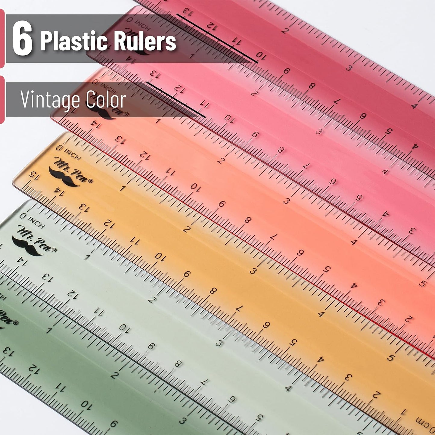 Mr. Pen- Ruler, 6 Inch, 6 Pack, Vintage Colors, Rulers for School, Clear Plastic Ruler, Back to School Supplies