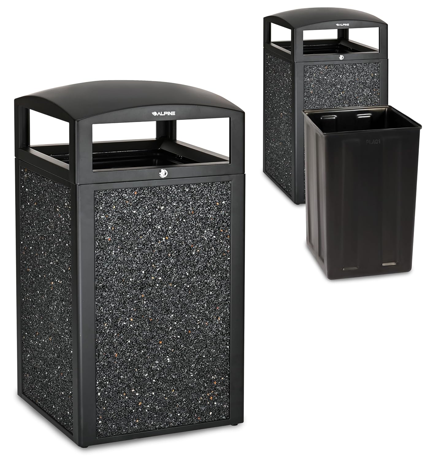 Alpine Outdoor Commercial Trash Can with Lid - 40 Gallon Heavy Duty Metal Garbage Can with Removable Bin, Locking Lid for a Modern Look in Park, Mall & High Traffic Areas - Black, Grey Stone Panels