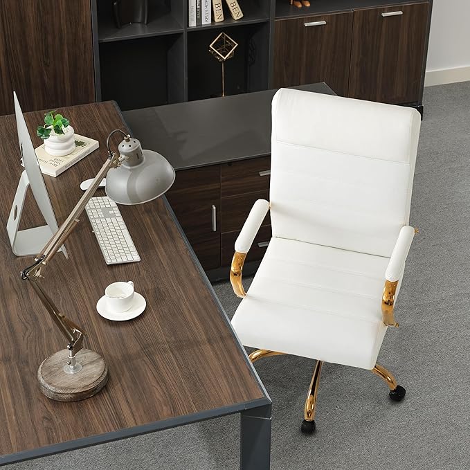 Office Desk Chair,Modern Leather Conference Room Chairs,High Back Home ofiice Chair,Adjustable Height Swivel Executive Computer Chair with Padded Seat and Armrest (White with Gold Frame)