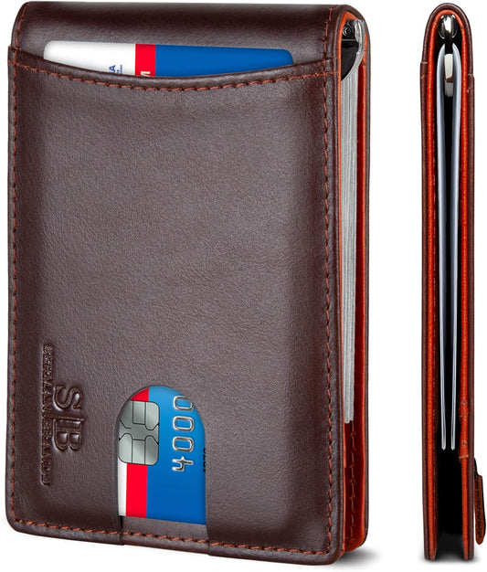 SERMAN BRANDS RFID Blocking Slim Bifold Genuine Leather Minimalist Front Pocket Wallets for Men with Money Clip Thin Mens