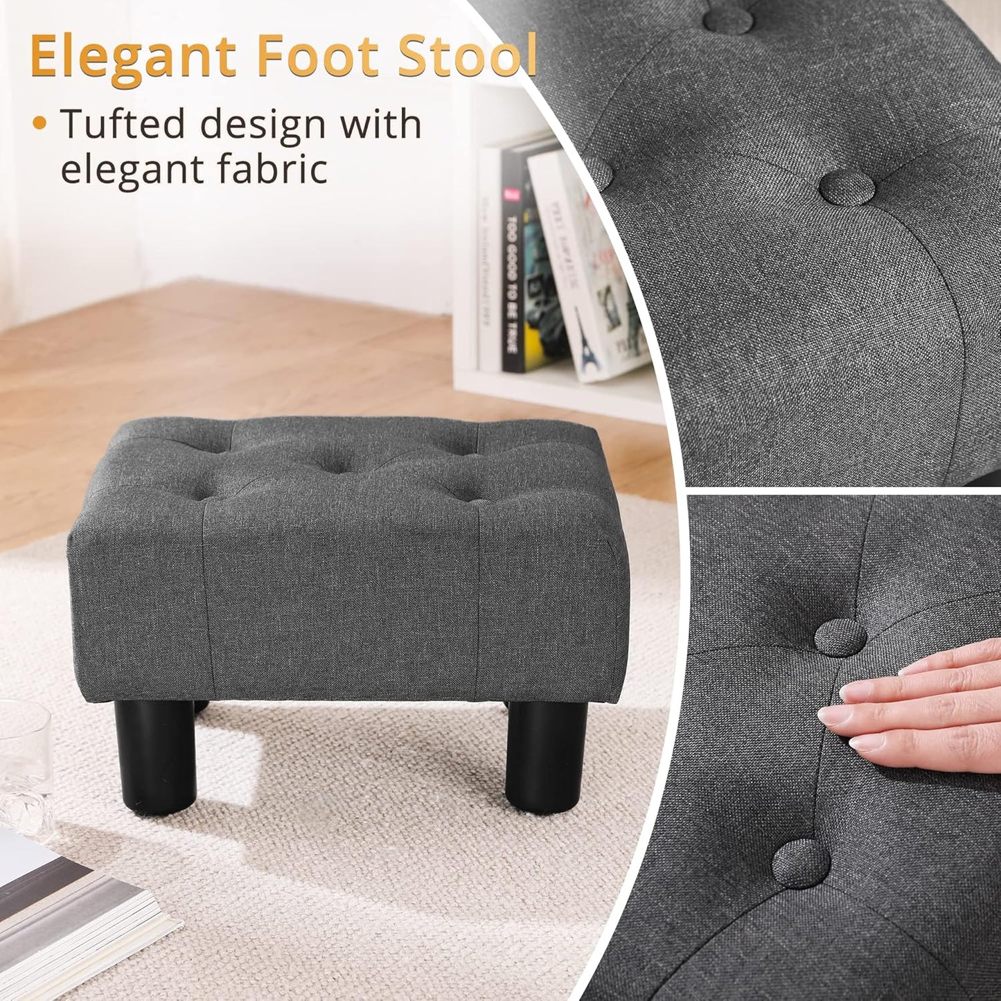 LUE BONA Small Tufted Foot Stool, Fabric Foot Stools Ottoman with Plastic Legs, 9''H, Rectangle Footstool for Adult with Non-Slip Pads, Sofa Foot Rest for Living Room, Couch,Carbon Grey