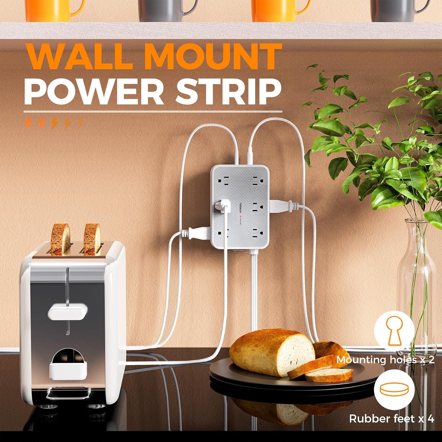 Surge Protector Power Strip, TESSAN 5FT Flat Extension Cord with Multiple Outlets, 12 Outlet Extender with 4 USB (2 USB-C), Flat Plug Power Strip, 1800J Surge Protection, Office, Dorm Essentials