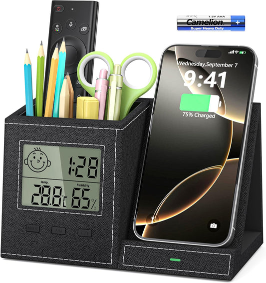 Multifunctional Pen Holder and Organizer for Desk with Wireless Charger, Digital Indoor Thermometer and Humidity Gauge, Home Office Organizers and Storage (Battery Included)