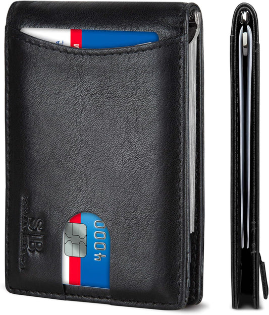 SERMAN BRANDS RFID Blocking Slim Bifold Genuine Leather Minimalist Front Pocket Wallets for Men with Money Clip Thin Mens