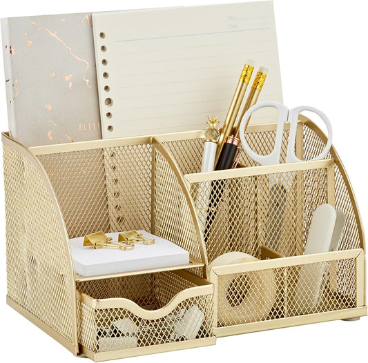 Annova Mesh Desk Organizer Office with 7 Compartments + Drawer/Desk Tidy Candy/Pen Holder/Multifunctional Organizer (Gold)
