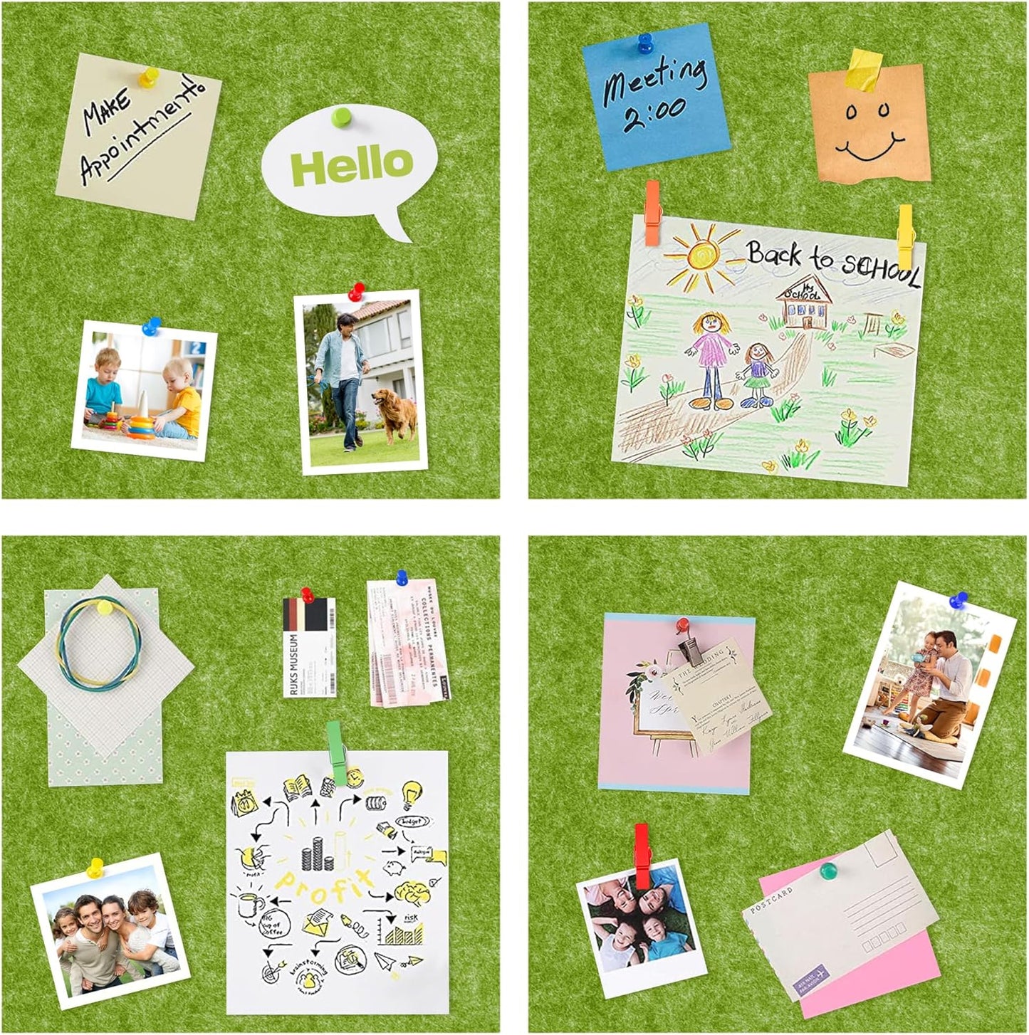 AKTOP Cork Bulletin Board 12x12, 1/2" Thick Felt Cork Board Tiles 12 Pack, Small Square Pin Board for Wall, Self Adhesive Corkboards with 120 Push Pin Wood Clips for School, Home & Office, Green