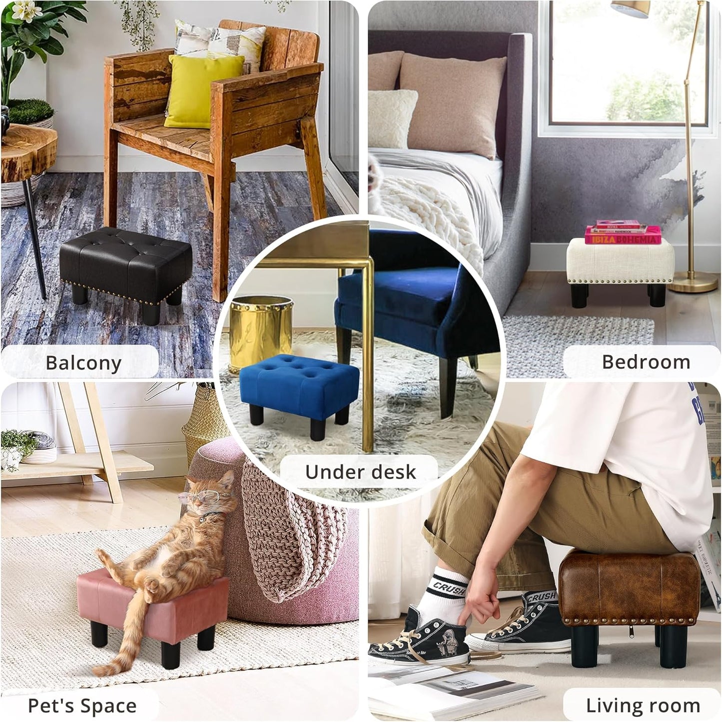 LUE BONA Small Tufted Foot Stool, Black Rivet Faux Leather Footrest with Plastic Legs, 9''H, Rectangle Foot Stools for Adult with Non-Slip Pads, Sofa Footstool for Living Room, Couch