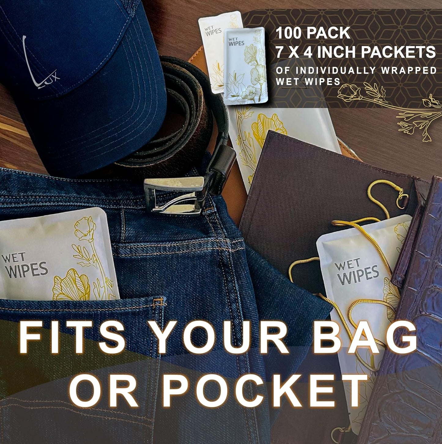 Luxury Wet Wipes, 100 Individually Wrapped Microfiber Textured Non-Scented Personal Hygiene Cleansing Wipes for women and men. Clean and refresh at the gym, camping, outdoors, and sporting events.