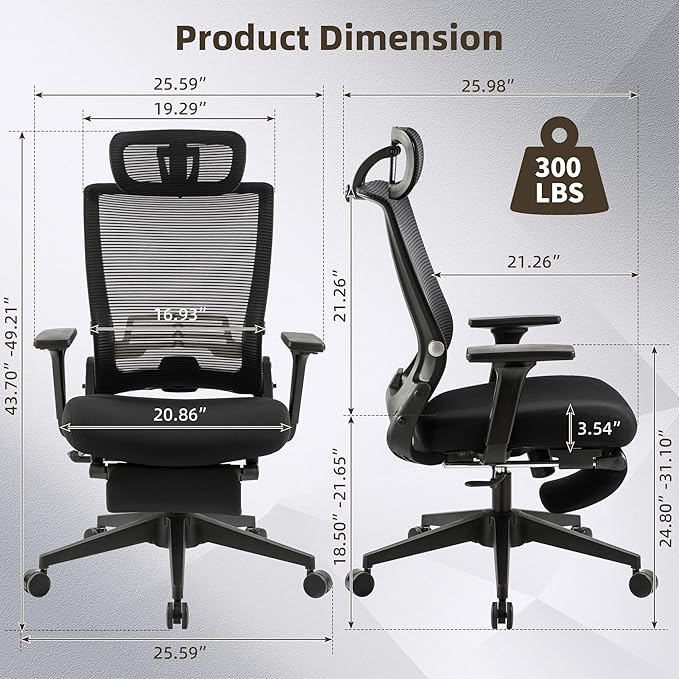 Foldable Office Chair with Foot Rest, Ergonomic Office Chair with Adjustable Lumbar Support, Headrest, Armrest, Home Office Desk Chairs for Space Saving, Work from Home, Black