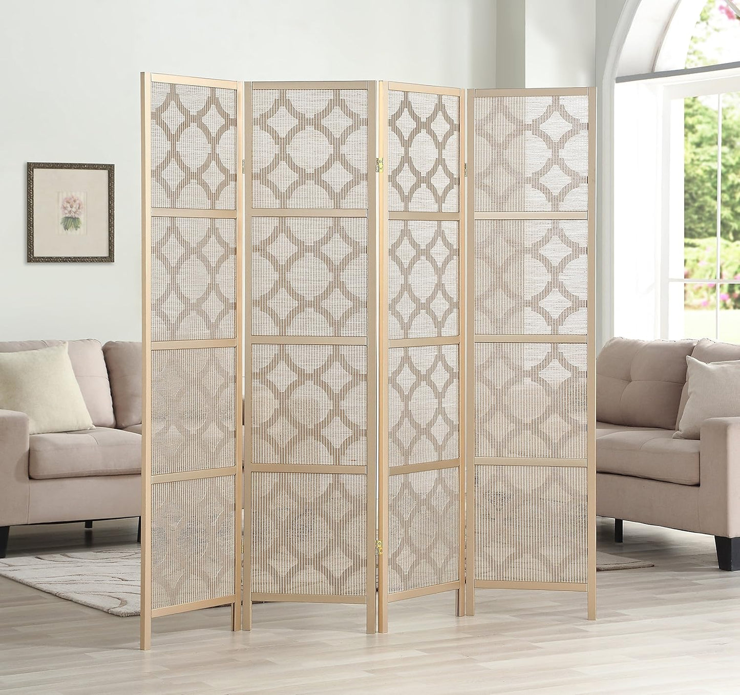 NicBex Room Divider 4 Panel Room Dividers with Quarterfoil Diamond Design Partition Room Dividers and Folding Privacy Screens Wall Divider for Home, Room Separation,69.28"W x 17.32"D x 70.31"H, Gold