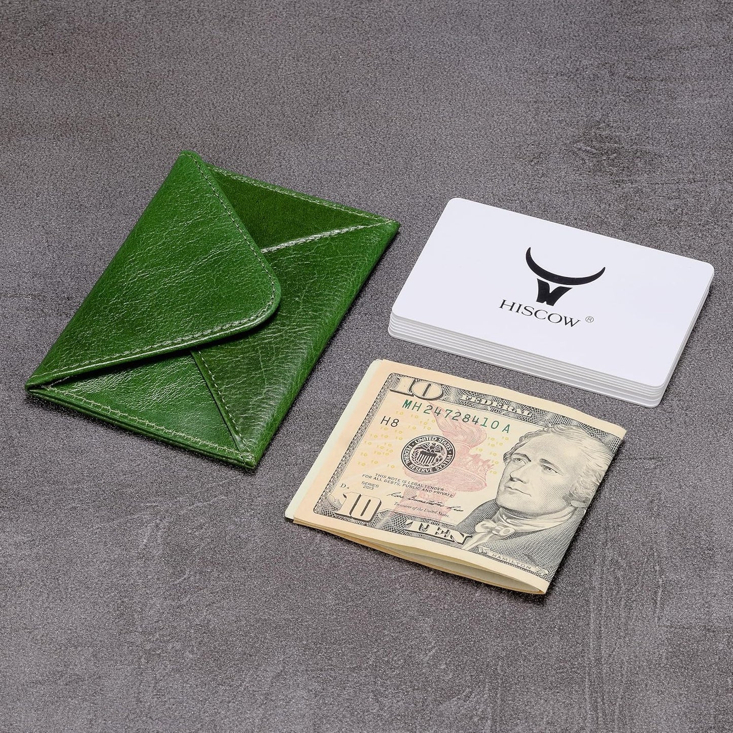 HISCOW Envelope Business Card Case with Magnet Closure - Italian Calfskin (Green Vegetable-Tanned Leather)