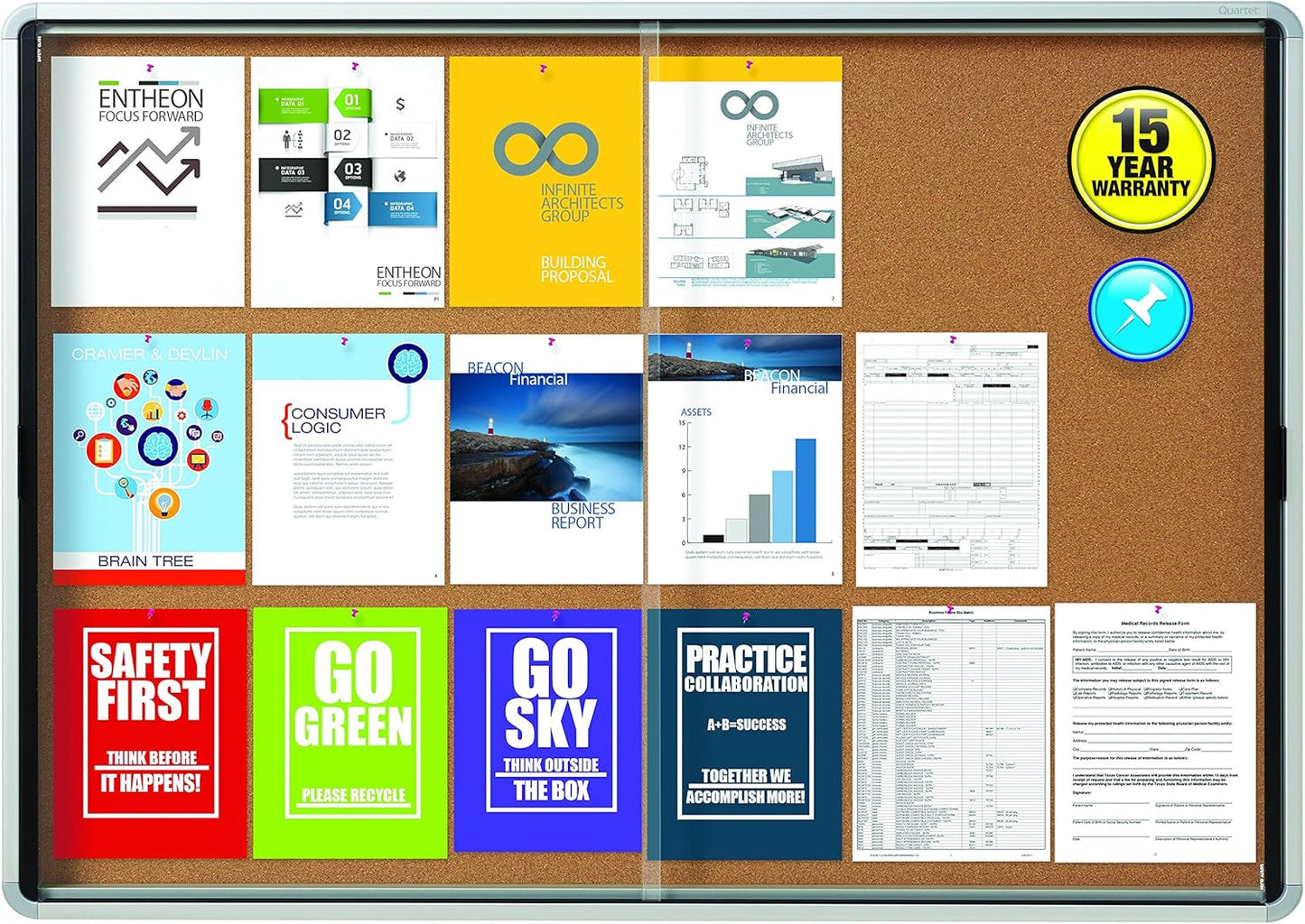 Quartet Enclosed Cork Bulletin Board, 56" x 39" or 18 Sheets, 2 Sliding Doors, Aluminum Frame (EISC3956)