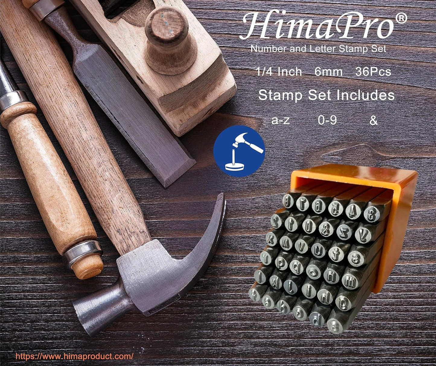 HimaPro Letter & Number Stamp Set(36 pcs Industrial Grade Lower case 'a'-'z' & '0'-'9') in a Plastic Square-Shaped Box (6mm 1/4 Inch)